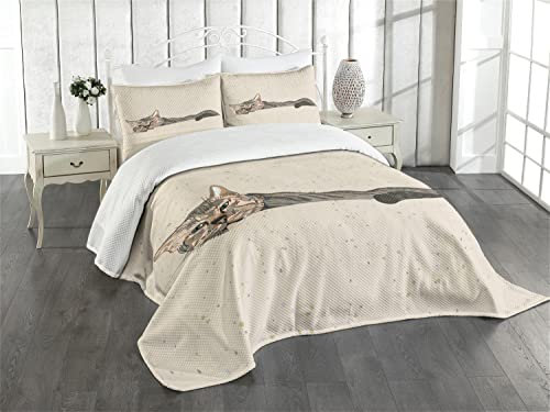 ABAKUHAUS Katze Tagesdecke Set, Lazt Sleepy Cat, Set mit Kissenbezügen Waschbar, für Einselbetten 170 x 220 cm, Beige Grau