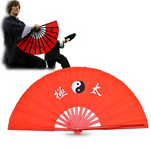 Dioche Abanico Plegable de Bambú, Ventilador de Bambú de Arte Chino Plegable Fan de Kung Fu Abanico de Tai Chi para Mano para Práctica de Artes Marciales(Costilla Roja)