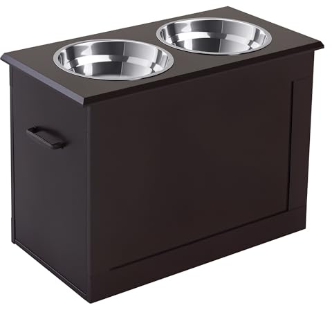 PawHut Ciotole Rialzate per Cani Grandi, Supporto Portaciotole in MDF con 2 Ciotole in Acciaio Inox, 60x30x41 cm, Marrone