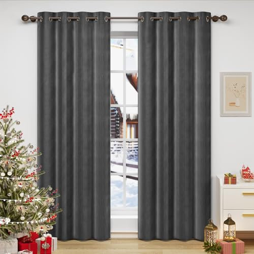 WOLTU Verdunklungsvorhang Blickdicht Samtvorhänge mit Ösen, 2 Stücke Thermogardine Ösenvorhang 300 g/m² Schwere Verdunkelungsgardinen lichtdicht für Schlafzimmer Wohnzimmer, 140x270 cm Dunkelgrau