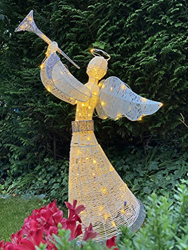 LEDZEIT - Relax Serie - Angelo LED grande, figura decorativa a LED, decorazione per giardino, stanze, Natale, bianco e argento, 130 cm. trasformatore con timer, bianco caldo, IP44, esterno e interno