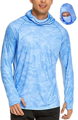 COOrun Men's UPF 50 Sun Protection Hoodies with Mask Built in Hooded Fishing Shirts for Men Long Sleeve Camo Hiking Shirts