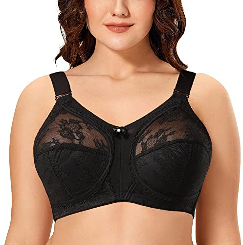 Ayigedu Women's Non Wired Non-Padded Minimizer Lace Plus Size Full Coverage Support Bra 32DD Black