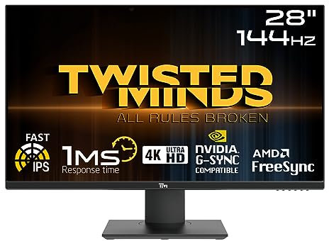 Twisted Minds 28 Inch Display Fast IPS Gaming Monitor - 3840 x 2160 FHD Resolution, 144 Hz Refresh Rate, 16:9 Aspect Ratio, 1ms Response Time - Black (TM28EUI)