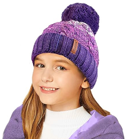 TOSKATOK Girls STORMACTIVE 100% Waterproof Warm Cable Knit Winter hat with Pompom and Thermal Cosy Liner-Purple