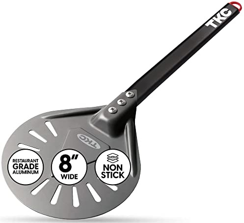 TKC 8 Perforated Pizza Peel - Professional Aluminum Pizza Turning peel - Long Handle Metal Pizza Spatula for Indoor and Outdoor - Lightweight Non-Stick Pizza Turner - Pizza Oven Accessories