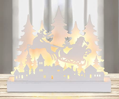 Spetebo LED Holz Silhouette Weihnachtsmann im Schlitten - 30 cm / 12 LED - Deko Aufsteller mit Weihnachts Landschaft - Advent Winter Tischdeko warm weiß beleuchtet Batterie bettrieben