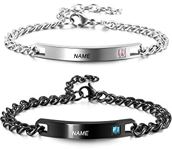 PiercingJak Partnerarmbänder mit Gravur Damen Herren Armband Edelstahl Paar Partner Armbänder Freundschaftsarmbänder Armkette mit Strass Liebe Freundschaft Personalisierte Geschenke, Silber Schwarz
