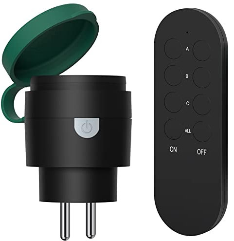 SURNICE Prise Telecommande sans Fil 2300 W, Prises Programmable Extérieures IP44, Portée 40 M, Fonction All ON All OFF, certifié CE, Noir/Vert