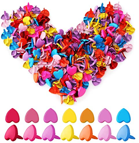 FIHODONE 200 Stücke Herzform Musterbeutelklammern, Scrapbooking Brads Rundkopfklammern Musterklammern, Metall Briefklammern Verschlussklammern für Basteln, Verzierungen und DIY (Bunt)