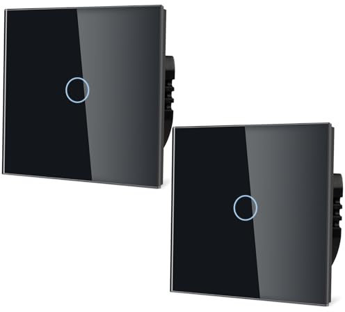 TAWOIA Normaler Lichtschalter, Wandlichtschalter, Standard 110 V-240 V, 86 x 86 mm Gehärtete Kristallplatte mit LED Hintergrundbeleuchtung 1 Fach 2 Weg Touch Lichtschalter,1000W,Schwarz 2er-Pack