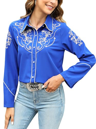 Chemisier Western pour Femmes, Cowgirl Sexy, habillée, Manches Longues, Noir, brodé, boutonné, Bleu, Taille L