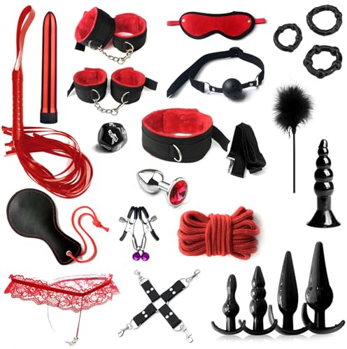 BDSMYOU BDSMs Set Accessoires 23 PCS Kits de Bondage Sex toýs Couple Kit BDSM avec Cravache Menottes Sexy érotique Godemichets Plug Anal Godes Cordes Tenue BDSM Vibromasseurs Jouets de Mamelon