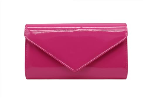 Finecy In Glossy Envelope Clutch Bag With Detachable Chain Strap, Lovely Clutch for Wedding Bridal Prom Cocktail Party Ladies Evening Bag for Women New (Fuchsia)
