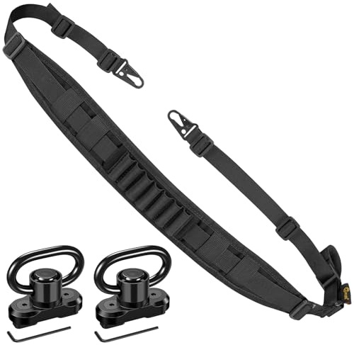 CVLIFE Two Point Rifle Sling, Rifle Strap with Quick Adjustment Length Loop, Removable Shoulder Pad with 7 Elastic Loops for 9mm-13mm Calibers, Gun Sling with 2 Pack 360° Metal Sling Swivels, Black