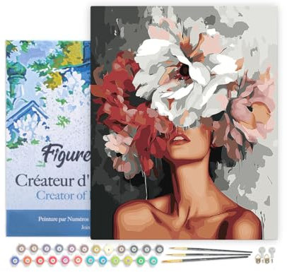 Figured'Art Peinture par Numéro Adulte avec Cadre Beauté derrière les fleurs - Activité Manuelle Kit de Loisir Créatif DIY Numéro d'Art Complet - 40x50cm toile tendue sur châssis