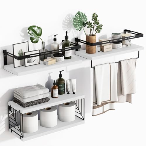 BAKAJI Set 3+1 Mensole da Parete in Legno Massiccio, Scaffali a Muro Multiuso, Staffe e Cestino in Metallo, Scaffalatura per Camera da Letto, Soggiorno, Cucina, Bagno, Libreria, Salvaspazio (Bianco)
