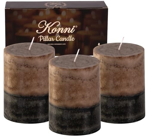 KONNI Coffee Layered Pillar Candles Set of 3, 3x 4 Unscented Pillar Candles Bulk, 39 Hours Long Burning Candles, Smokeless&Dripless Round Candle for Wedding, Home Decoration, Parties, Spas, Dinner