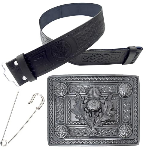 Kilt Belt and Buckle Set – Elegant Men's Kilt Belt Thistle Embossed Leather - Handcrafted Pewter Buckle Antique Silver Finish, Kilt Pin 3 Inch (Celtic Buckle, Silver Antique, Large)