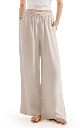 SUUKSESS Women Wide Leg Flowy Linen Pant with Pockets High Waisted Casual Lounge Palazzo Pant (Apricot, L)