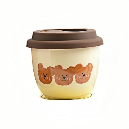 HUMOCHUSON Ceramic Coffee Mugs 245Ml Ceramic Milky Yellow Bear Coffee Cup with Lid Couple Hand Warmer Cup