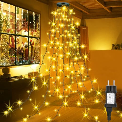 Bigzom - Ghirlanda luminosa per albero di Natale con anello, 2M 280 LED, 8 ghirlande, 8 modalità di illuminazione, timer, impermeabile, decorazione natalizia per esterni per albero di 150-220 cm