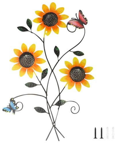 QINGHEC Metal Sunflower Wall Decorations,Metal Flowers Wall Art,with Butterfly Flower,Outdoor Wall Art Fence Decorations,Garden Fence Ornaments for Patio Porch Balcony Farmhouse-39cm x 26cm