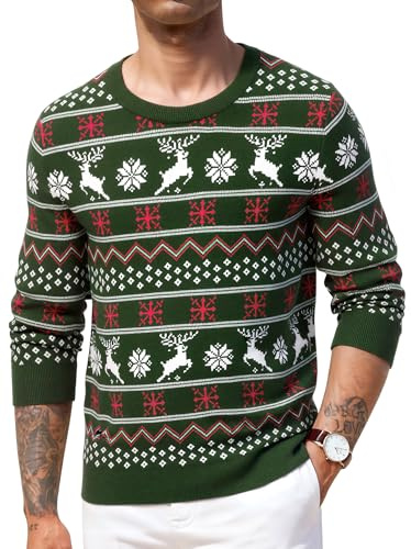 Crewhpo Suéter Navidad Hombre Jersey Navideño de Cuello Redondo de Manga Larga Reno Pullover de Punto para Otoño Invierno