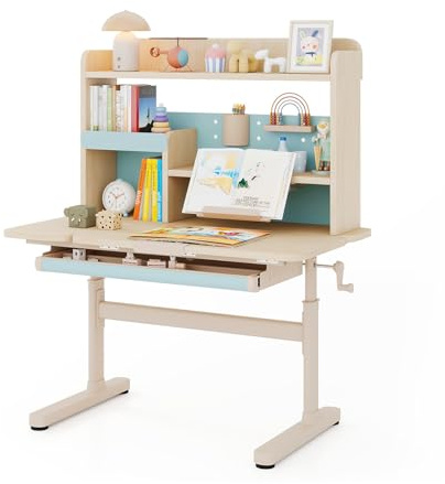 COSTWAY Schreibtisch Kinder, Kinderschreibtisch 52-74 cm höhenverstellbar mit neigbarer Tischplatte, Kindertisch mit Regal, Schublade, & Buchständer, Schülerschreibtisch für Kinder ab 3 Jahren (Blau)