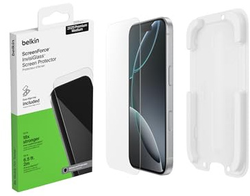 Belkin ScreenForce InvisiGlass Screen Protector for iPhone 17 Pro, Scratch-Resistant Impact Protection with Included Easy Align Tray for Bubble Free Application, Case-Friendly, Recycled glass