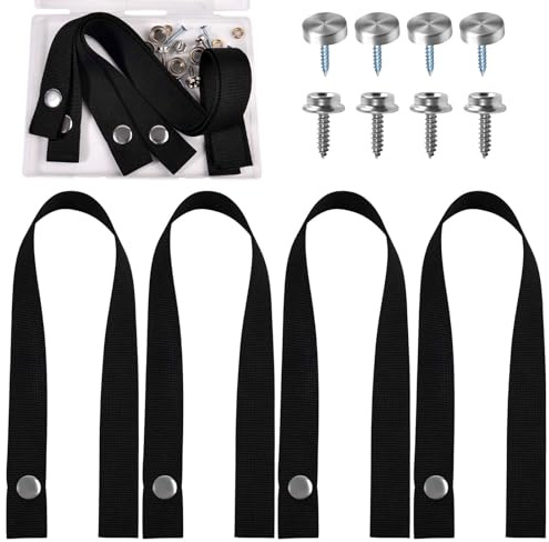 LEONTOOL 4 Sets RV Sliding Door Straps with Snaps Button & Screws, RV Pocket Camper Door Straps 18 Inch Long Security Strap UV-Resistant Boat Ladder Strap for Pontoon Boat Ladder Accessories, Black