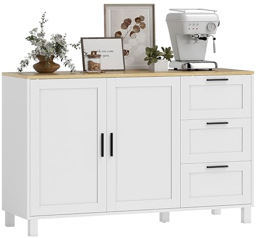 HOMCOM Credenza Cucina, Mobile Cucina con 3 Cassetti, Armadietto con Ante Ammortizzate, Credenza Buffet con Ripiani Regolabili e 5 Gambe in Pino, per Soggiorno Sala da Pranzo, 120x38x76 cm, Bianco