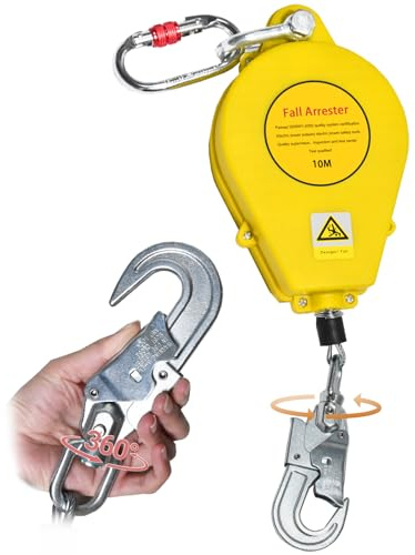 BOVDC Imbracatura di Sicurezza Anticaduta Tetto, Dispositivo Anticaduta Retrattile Certificato 10 mt/15 mt/20 mt, 150kg Dispositivo Retrattile di Sicurezza Anticaduta Tetto/Lavoro Aereo(Giallo,10m)
