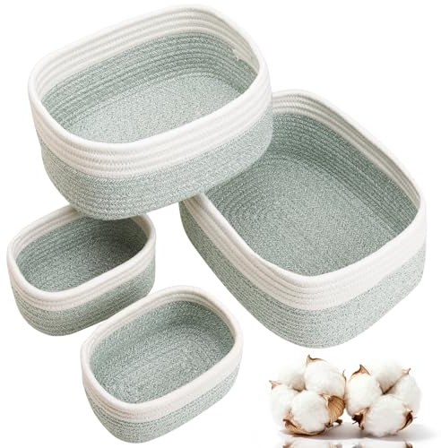 Withosent Juego de 4 Cestas Almacenaje Tejida con Cuerda de Algodón, Cesta Bebe Organizadoras, Cajas Organizadoras Baño Decorativas para Armarios, Salones, Juguetes, Cambiador