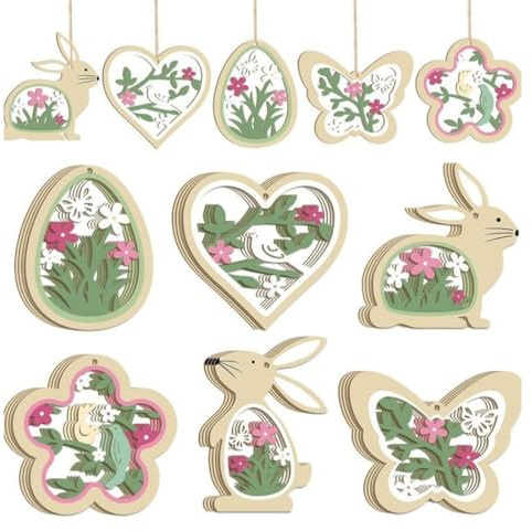 LONZIKP 12 pezzi Decorazioni Pasquali da Appendere, Uova Decorative di Pasqua, Primavera da Appendere, Addobbi per Albero di Pasqua, Ciondolo in Legno Pendenti, Uova di Pasqua, (Verde)