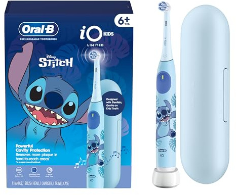 Oral-B iO Kids Limited Rechargeable Electric Powered Toothbrush, Stitch - Automatic Pressure Sensor - 3 Cleaning Settings - Music Timer - 28 Day Battery Life - Travel Case