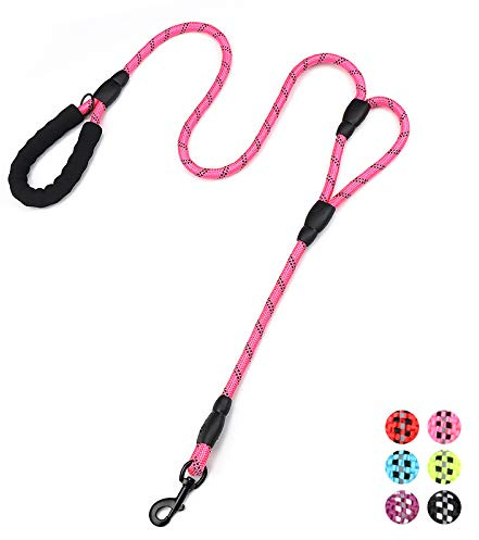 Rope Dog Leash 6ft Long,Traffic Padded Two Handle,Heavy Duty,Reflective Double Handles Lead for Control Safety Training,Leashes for Large Dogs or Medium Dogs,Dual Handles Leads(Pink)
