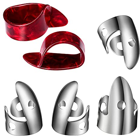 Shappy 6 Pcs Banjo Finger Picks Set Stainless Steel Adjustable Finger and Thumb Picks for Guitar(Silver, Agate Color)