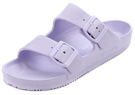 VICT POPU Womens Sandals Adjustable Double Buckle Strap Waterproof EVA Flat Slides LIGHT PURPLE 9