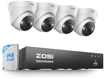 ZOSI 4K UHD PoE CCTV Camera System, 4x8MP Indoor Outdoor PoE Security Cameras, 8 Ports 16CH 4K NVR system with 2TB HDD, 2-Way Audio, Person Vehicle Detection, 100ft Color Night Vision, AI Light Siren