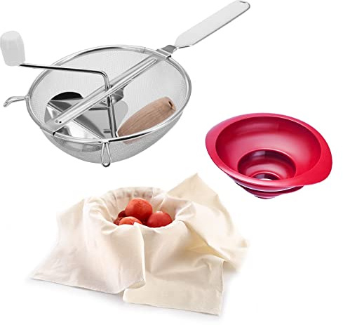 Westmark Set, 3pcs : Moulin à Légumes/Presse-Purée (Ø 20 cm) + Entonnoir (2pcs) + Tissu Tamis/Passoire, Acier inoxydable/Plastique/Coton, Blanc/argenté/rouge, 119722E7