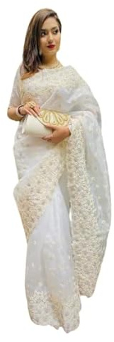 Satyam Creation Bollywood Style Party Wear Off White Khadi Organza With Beautiful Embroidery Moti Work Saree With Unstitched Blouse For Women
