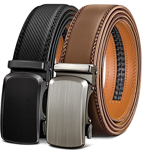 KEMISANT Gürtel Herren 2er, Gürtel Ratsche Automatikschließe Ledergürtel für Herren Verstellbar 35mm Breit mit Geschenkbox(Schwarz/Tawny-105cm/28-34 taille verstellbar)