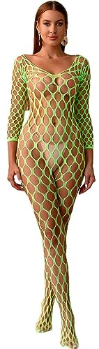 Bommi Fairy Women’s Lingerie Sexy Fishnet Nightwear Long Sleeve Babydolls Party Dress Mesh Stockings Tights One Size Stretchy Bottoming Suit (Green)