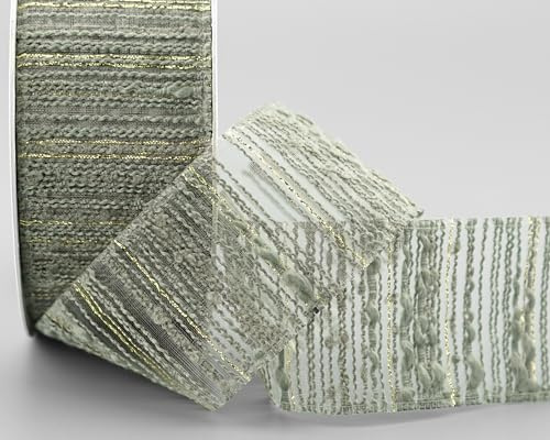 Nastro in chiffon lurex boucle a righe, verde antico, semitrasparente, verde, senza filo, nastro decorativo in organza, per cucire, per il fai da te, 10 m x 40 mm