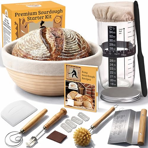 CRISS ELITE Sourdough Starter Kit for Beginners – Banneton Bread Proofing Basket Round 9” with 24oz Glass Sourdough Starter Jar & Sourdough Bread Baking Supplies
