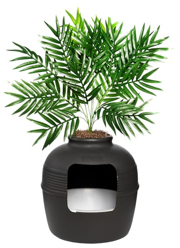 Good Pet Stuff Essentials Kit Gömd kattlåda med konstväxt, dekorativ rund kruka, uttagbar bricka, kolfilter för luktkontroll, lätt att rengöra, tillverkad i USA, svart