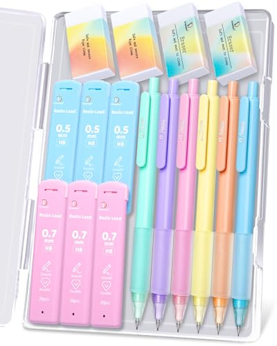 Drawdart Mechanical Pencil Set, 6 Pcs Pastel Mechanical Pencils 0.7mm & 0.5mm with 6 Tubes of HB Lead Refill and 4 Erasers, Cute Aesthetic School Supplies for Writing Drawing Sketching Drafting
