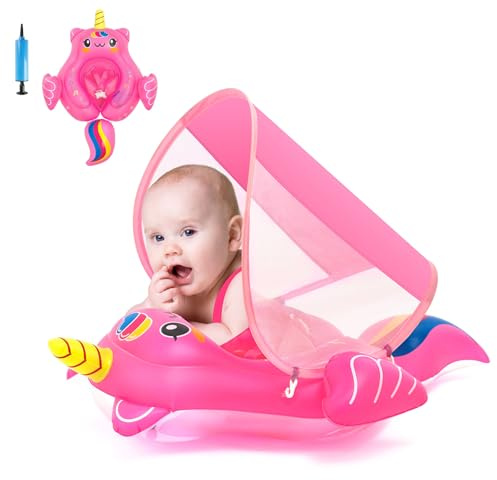Galleggiante gonfiabile con baldacchino a forma di unicorno, 3-6-12 mesi, per neonate e bambine, con anello galleggiante, con tettuccio per bambini da 6 a 12 a 18 a 36 mesi