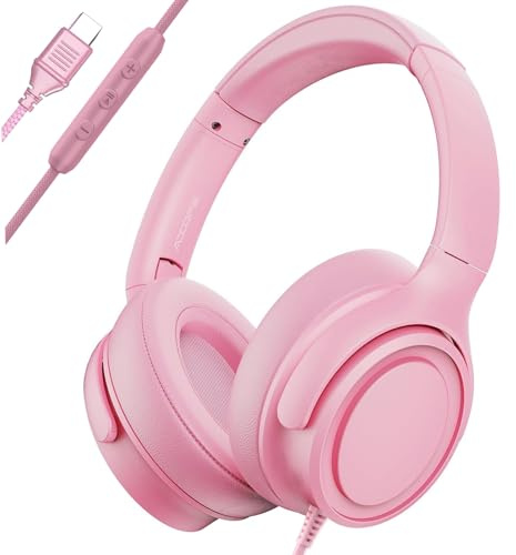 ADOOPE Wired Over-Ear Headphones with USB C Connector, Hi-Fi Stereo Sound, Noise-Isolating Ear Cups, Comfortable Fit for USB C Devices (No Bag, Pink)